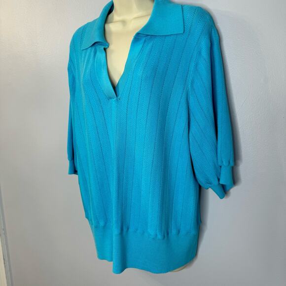 Talbots Johnny Collar Knit Polo Sweater Short Sleeve Textured Chevron Blue XL - Picture 6 of 9
